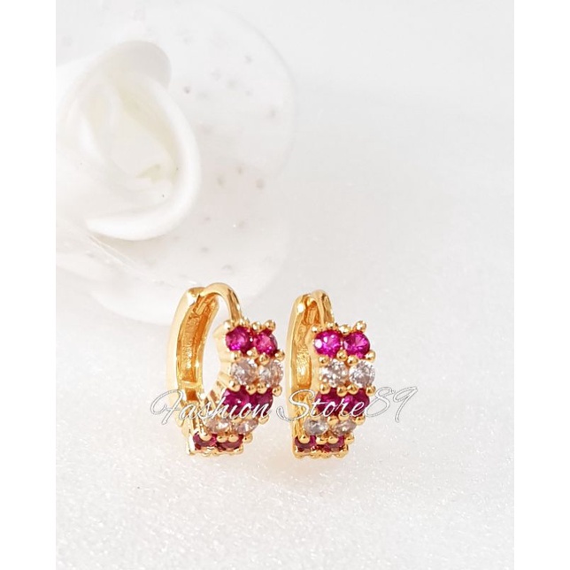Anting Jepit Permata Kombinasi pink white xuping perhiasan lapis emas bestseller xuping TRX180R