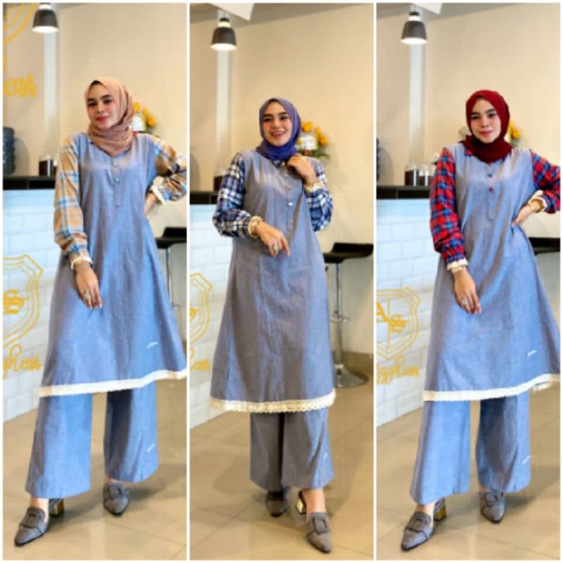 Aura Set Tunik+Kulot Matt Katun oxford mix Flanel