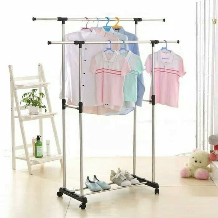 Stand Hanger Double Multifungsi Gantungan Baju Stainless Serbaguna