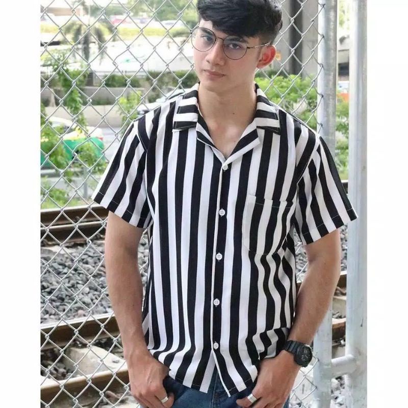 KEMEJA SALUR PRIA STRIPE LENGAN PENDEK COWOK 4559-SALUR HITAM BESAR