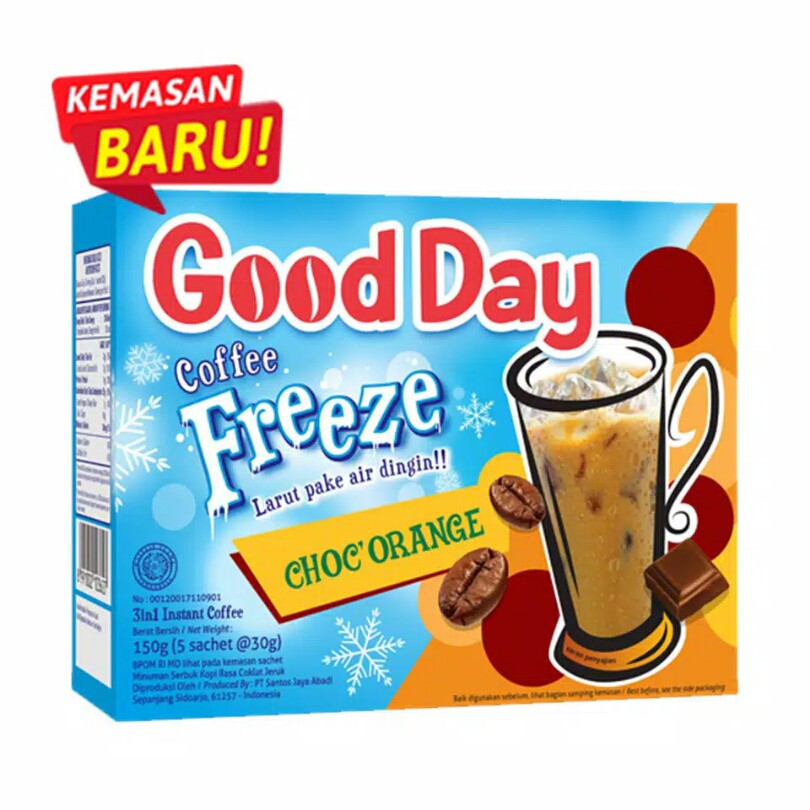 

GOOD DAY FREEZE 3in1 Instan Coffee Rasa MOCAFRIO / CHOC'ORANGE - 5 Sachet @ 30gr (BOX / POUCH / BAG)