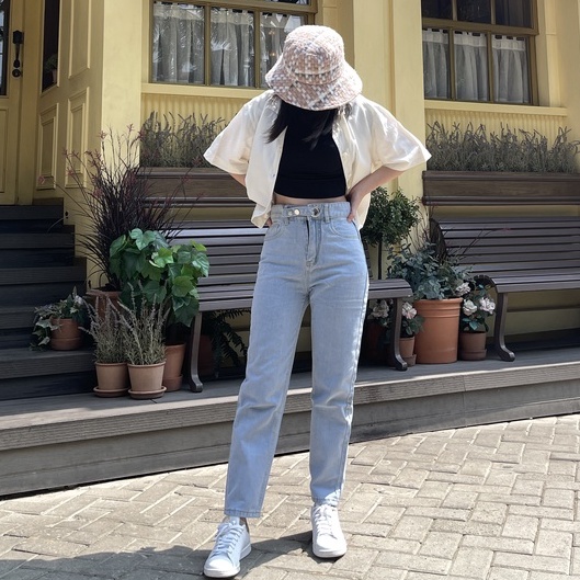 DEMORIN - Celana Jeans Panjang Kekinian Boyfriend Highwaist JeansWanita X21