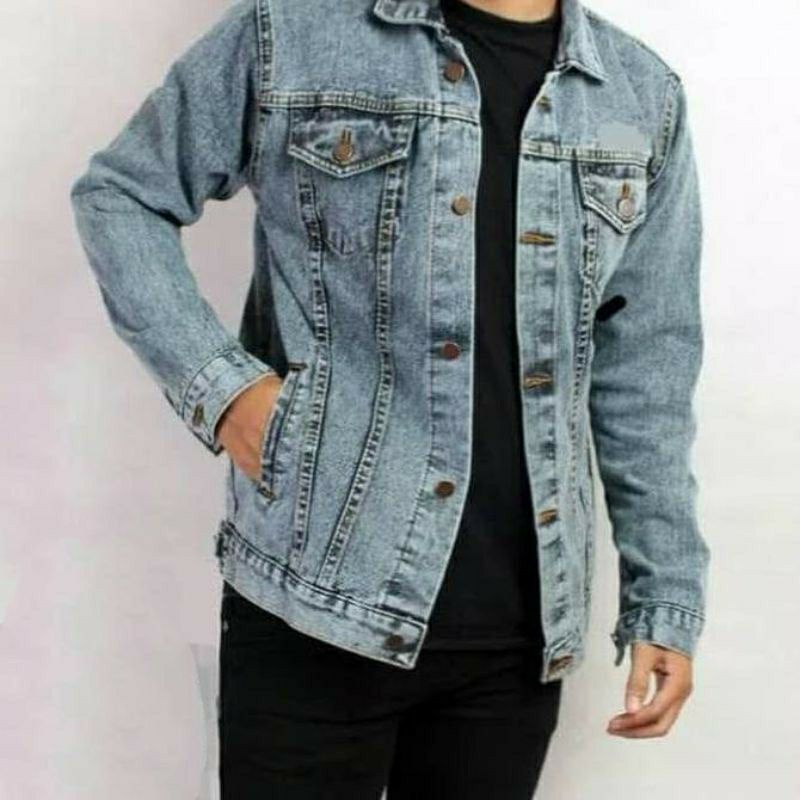 Jaket Jeans Pria Cowok Cewek Oversize Jumbo Big Size XL XXL Hitam Biowash Bioblitz Biru Muda