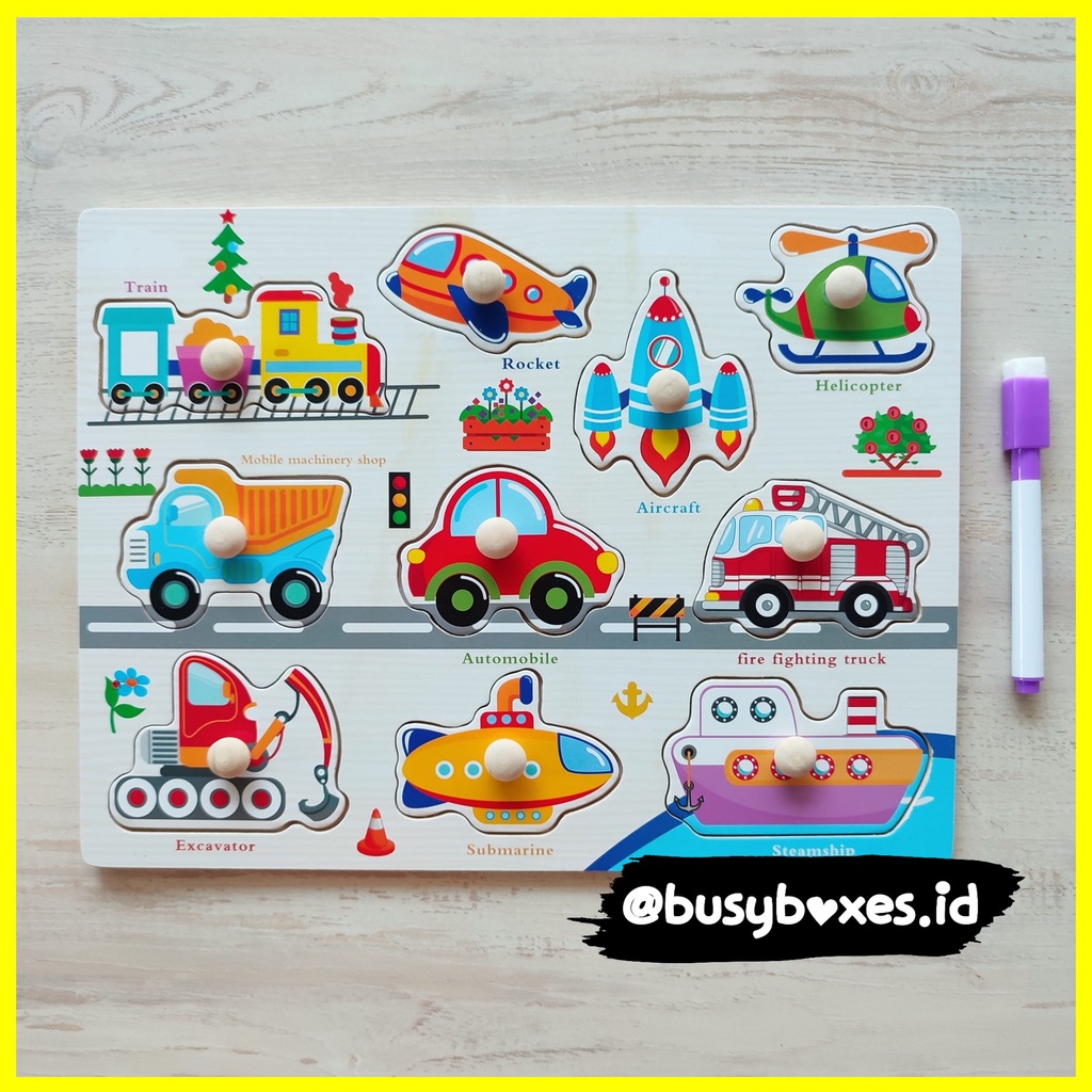 [busyboxes.id] Mainan Edukasi anak 3 tahun Wipe and Clean puzzle kayu spidol wipe and clean - transportasi