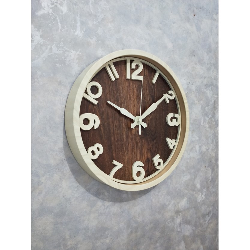 Jam Dinding Minimalis Vintage Wood Grain Motif Kayu 26cm Free Baterai