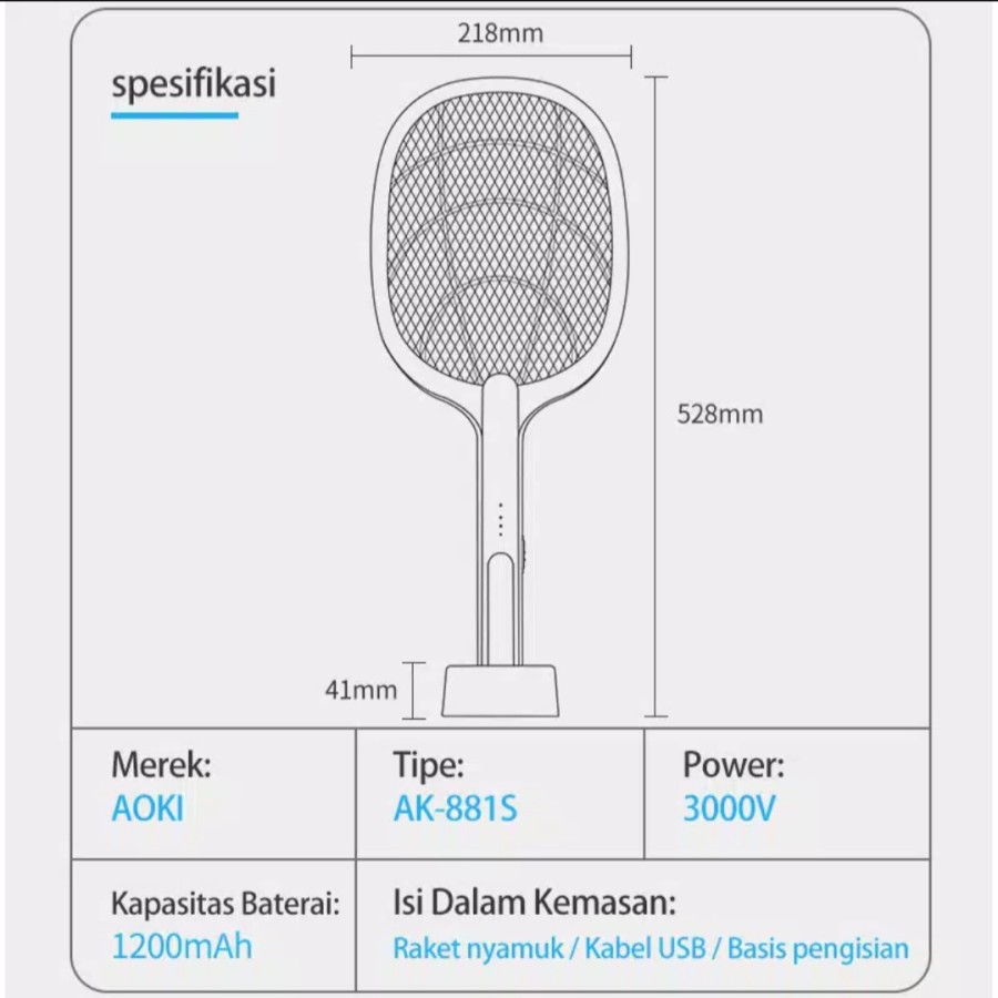 Raket Nyamuk Technology Aoki 881S-Putih Efektif 2 In 1/Insect Killier