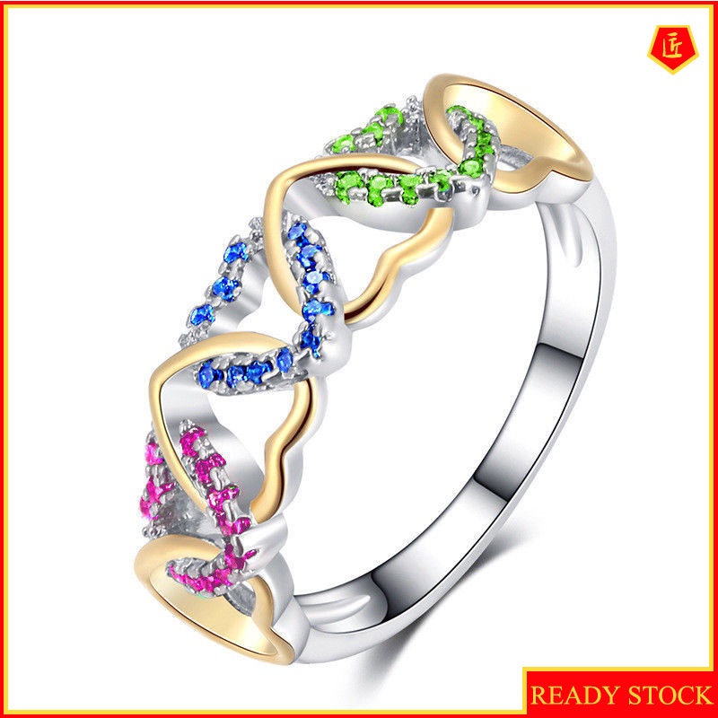 [Ready Stock]Simple Heart-Shaped Ring Inlaid with Colorful Zircon