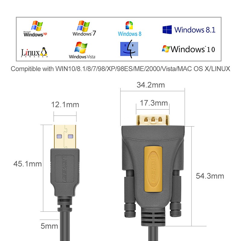 【Stok Produk di Indonesia】Ugreen Kabel Adapter USB 2.0 to DB9 Pin Panjang 100cm Untuk Windows