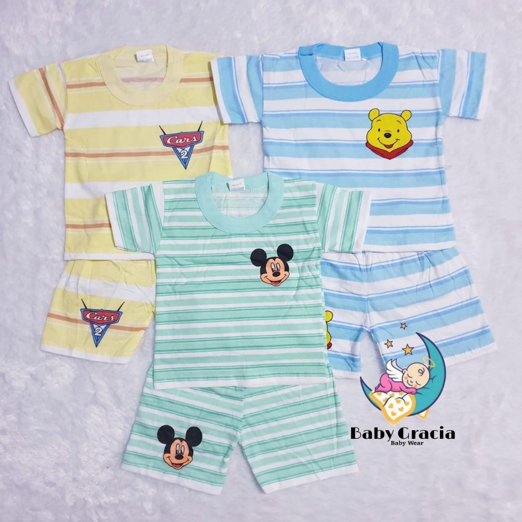 paket 3 pcs setelan anak model salur karakter