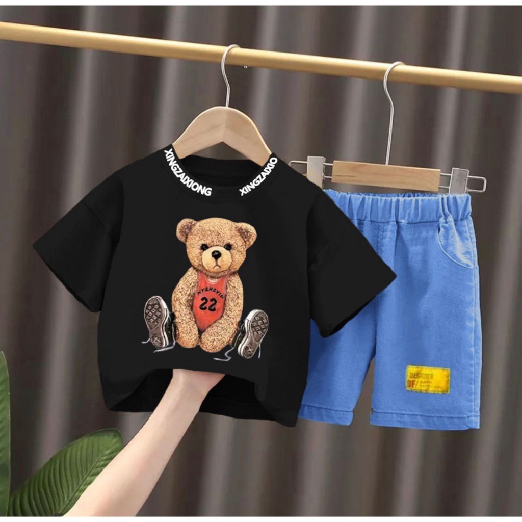 new setelan baju celana jeans bayi anak trendy terbaru motif bear 22 usia 6 bulan-5 tahun bahan katun termurah terlaris terbaru/ setelan baju celana jeans bayi anak trendy terbaru laki-laki/ setelan baju celana jeans bayi anak trendy terbaru perempuan