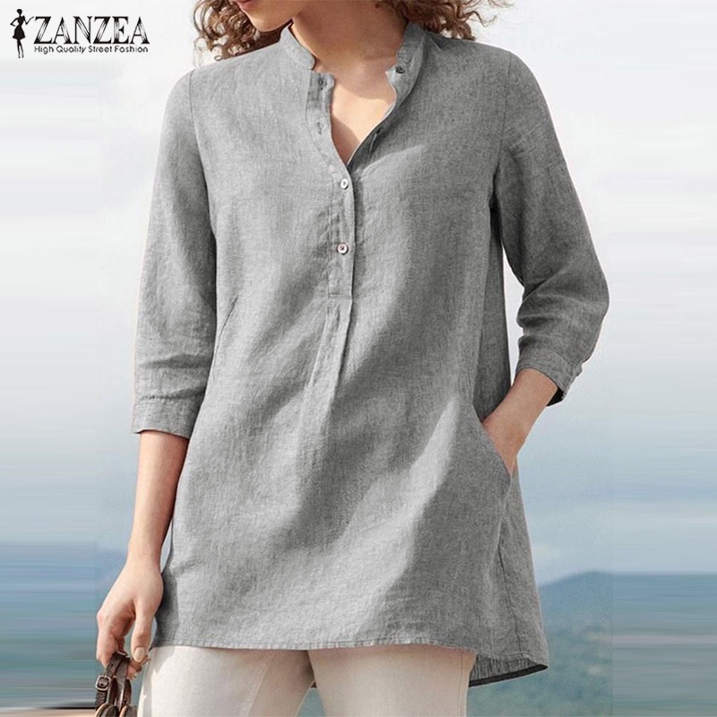 ZANZEA Womens 3/4 Sleeve V Neck Button Down Casual Loose Blouse