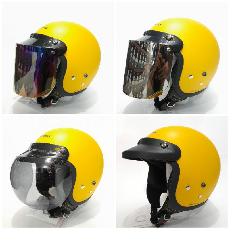 HELM BOGO CARGLOSS KUNING DOFF KACA DATAR KACA CEMBUNG