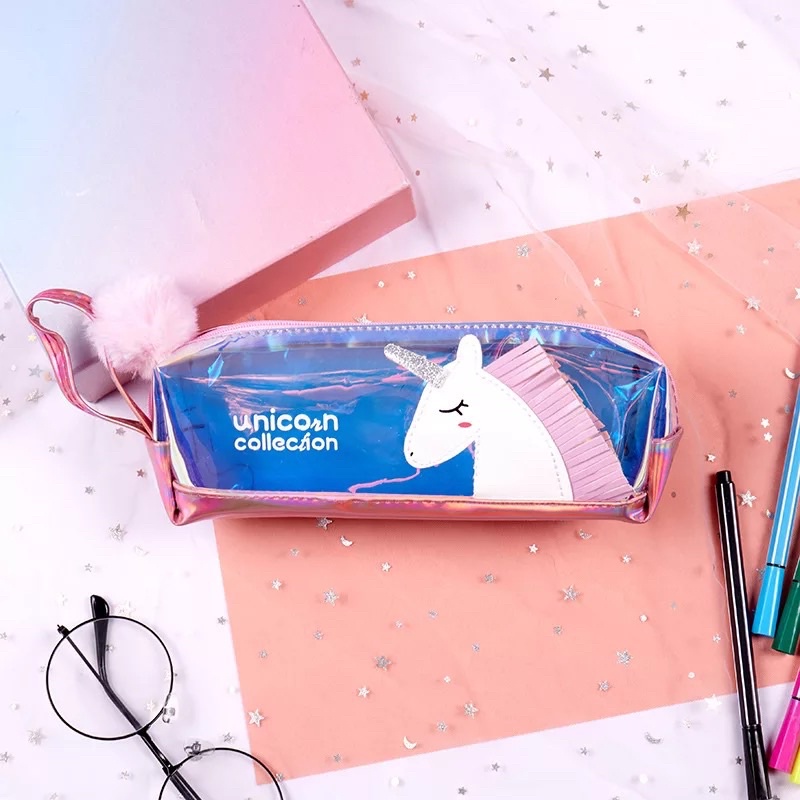 TEMPAT PENSIL DOMPET PENSIL METALIK UNICORN - PENCIL CASE METALLIC SHINY 3D TRANSPARANT CLEAR / KOTAK PENSIL KUDA PONY / TEMPAT PENSIL ANAK