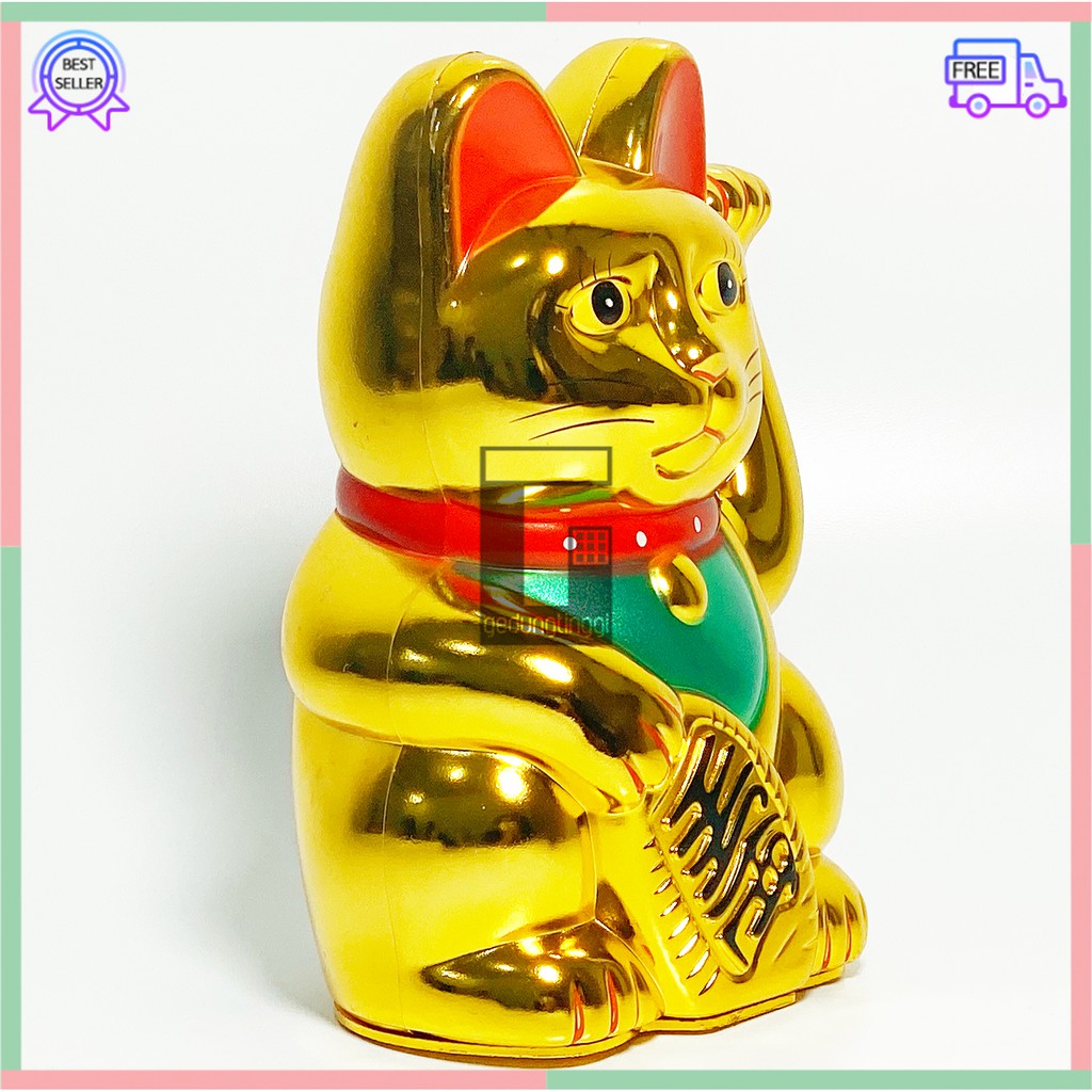 Boneka Hiasan Dekorasi Pajangan Patung Kucing Hoki Keberuntungan Lucky Cat Rejeki Maneki Neko Maneko Neki Emas Gold Tangan Gerak Goyang Baterai Batre Batrai Batrei Non Solar Listrik Jepang Cina China Meja Kasir Toko Size Ukuran Besar Kecil Sedang Medium