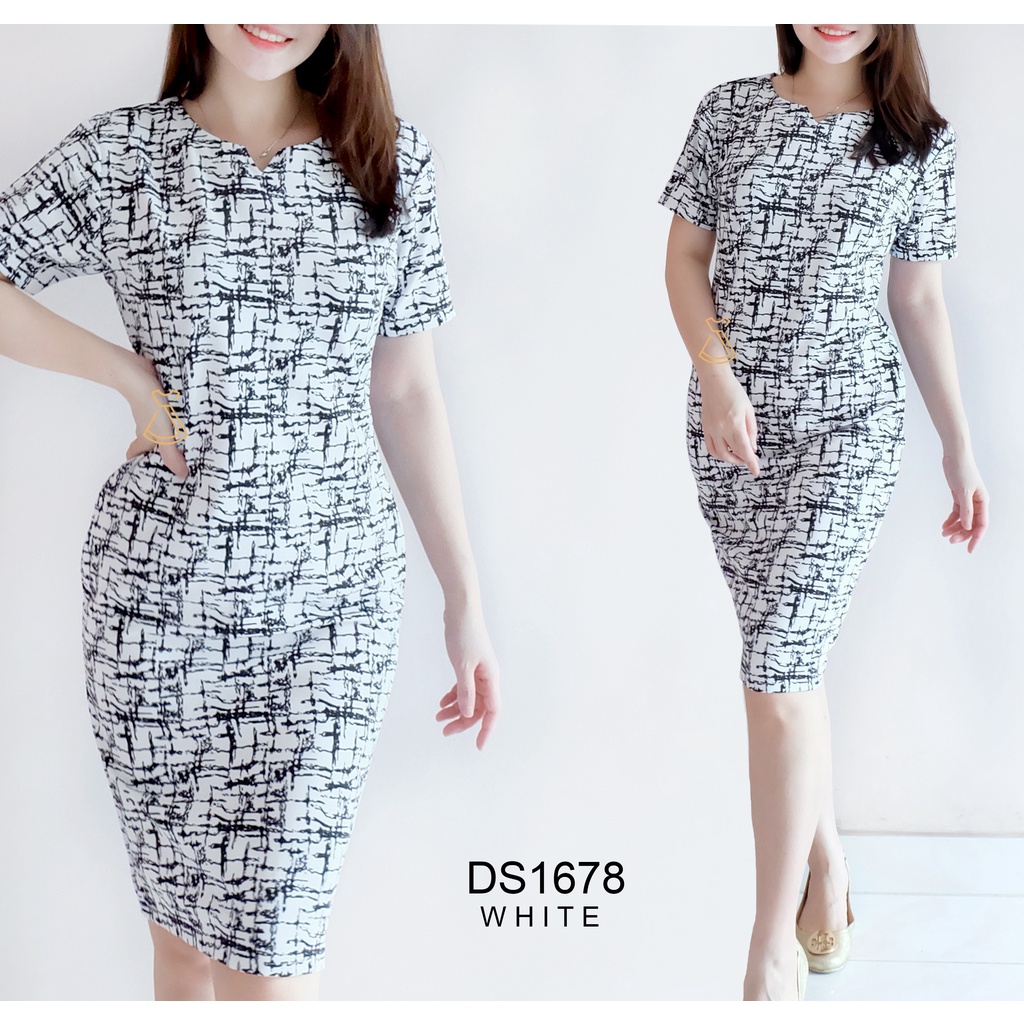 DS1678 - Dress Midi Wanita Basic Scuba Stretch Sepan Bodycon Slim Casual Look