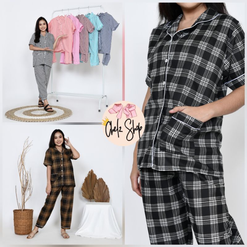 Baju Tidur Piyama Wanita/Cewek Pajamas Dewasa Katun Motif Kekinian Salur/Stripe/Kotak Guillen