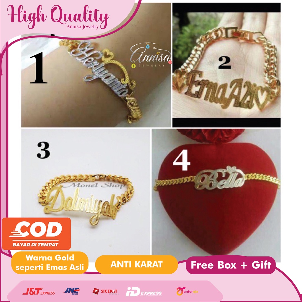 Gelang Nama Gold + Grafir Kombinasi Love Uk.Standar