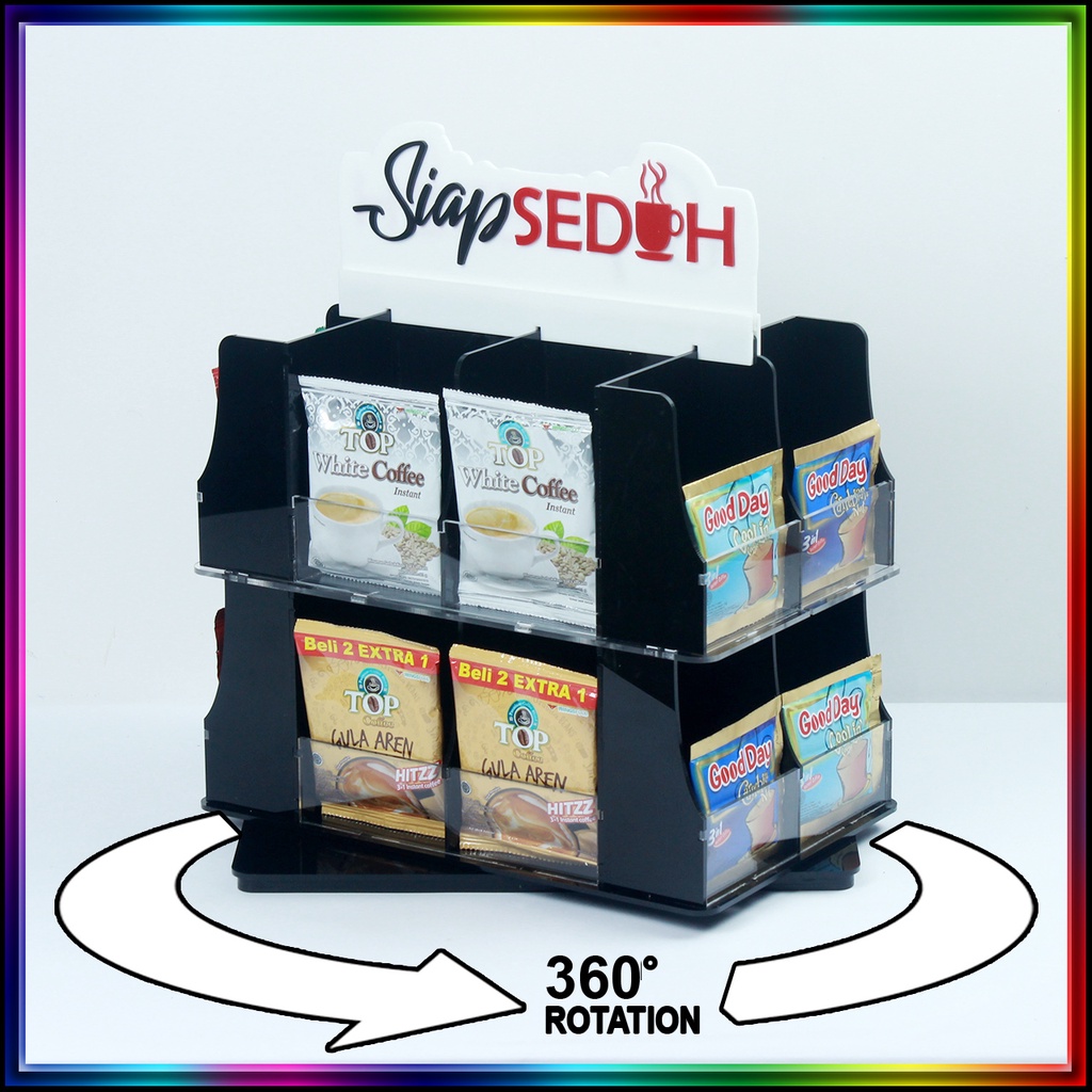 Rak Akrilik Kopi Display Siap Seduh Pedestal Rotate Putar Small