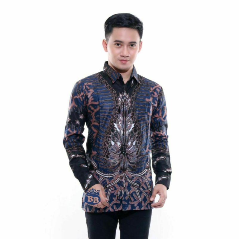 Batik Pria Lengan Panjang WIJOYO BATIK HRB026 motif KERATONAN Kode 002 Reguler Fit Seragam Kantor-Wulu blue navy