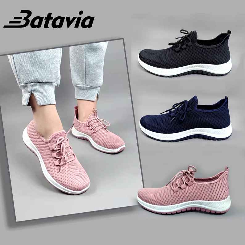 Batavia 2023 Murah Baru Sepatu Wanita Impor Rajutan High-Grade Bernapas Olahraga Bubuk Hitam Abu-abu Sepatu Sekolah Wanita Dewasa sepatu Ibu Sepatu P2