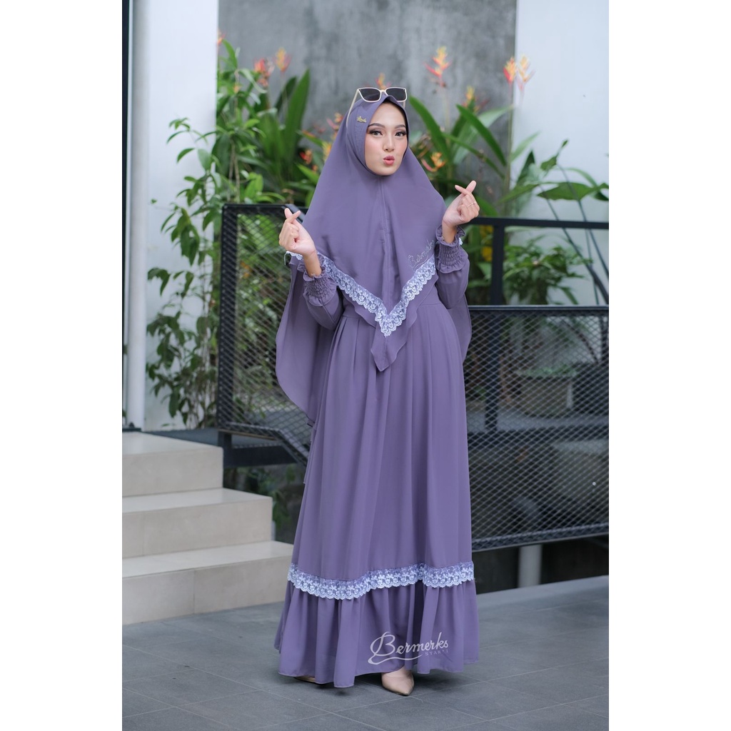 Gamis CERUTY renda putih SET KHIMAR LAYKA ori bermerks syari haji umroh branded modis modern