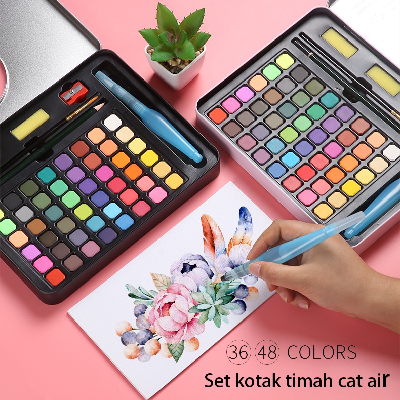 Anak-anak Kombinasi Kuas Set Bisa Dicuci Seni Lukisan Alat Pemula 36/48 Warna Bedak Padat Kue Cat Air Cat Set Hadiah Alat Tulis