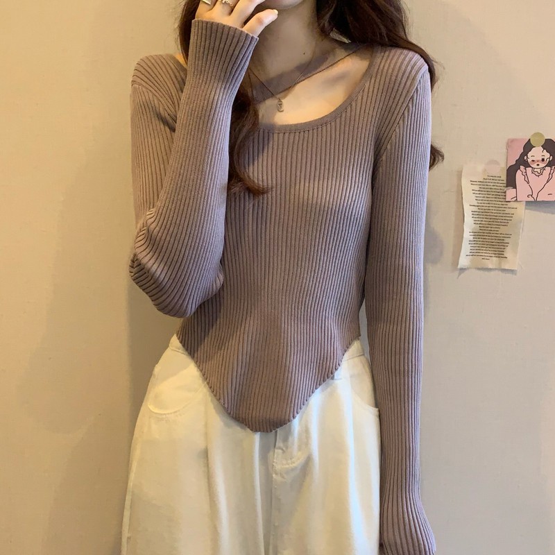 Knitwear Korea Rajut Wanita Crop Top Lengan Panjang Sweater Crop