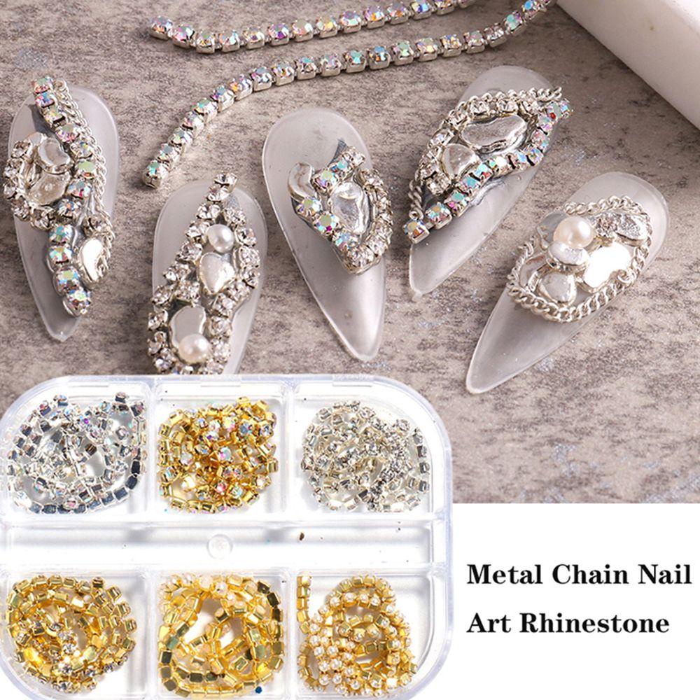 MXBEAUTY Rantai Logam Kuku Rhinestones Pesona 6kisi /set Emas Hiasan Kuku 3D Aksesoris Kuku Manicure Pearl Chain Nail Jewelry