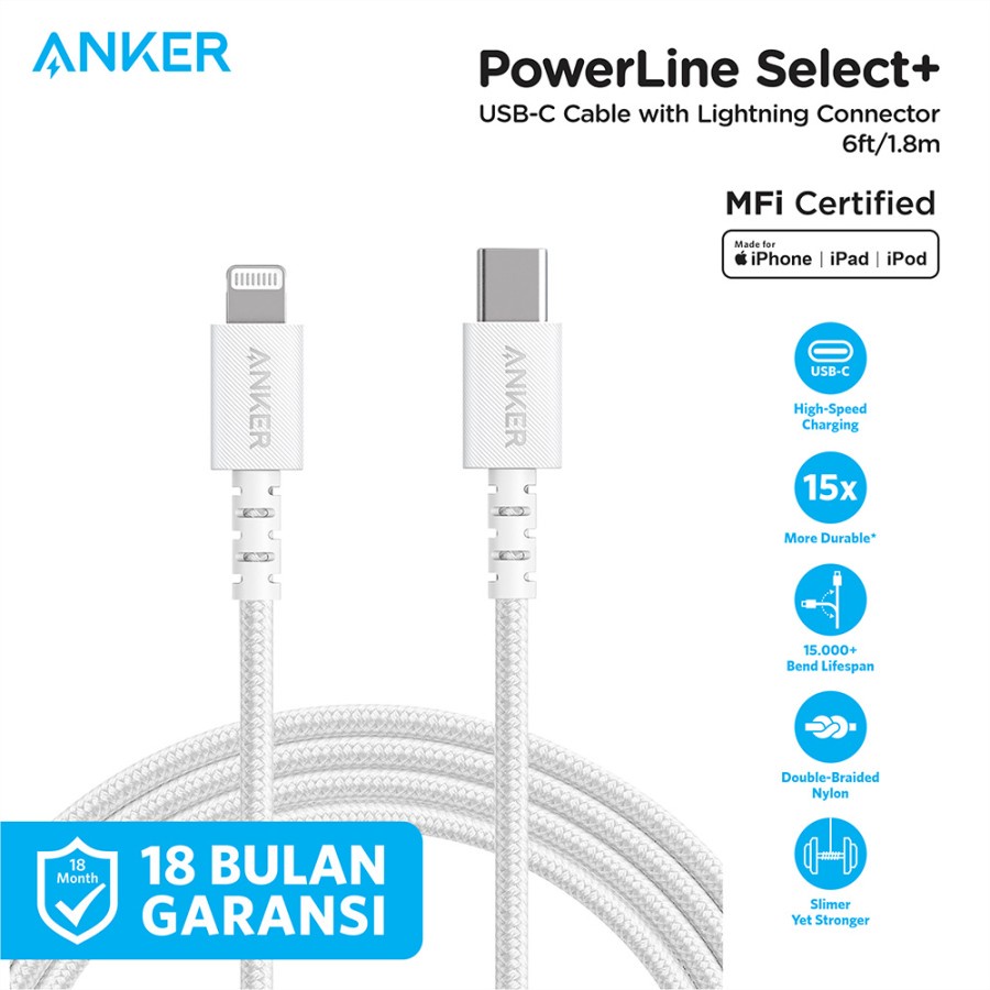 Jual Kabel Charger Anker PowerLine Select+ USB-C To Lightning 6ft ...