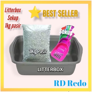 Image of Paket Litter Box Kucing 1Set Bak + Sekop + pasir 1kg Toilet tempat pup kucing