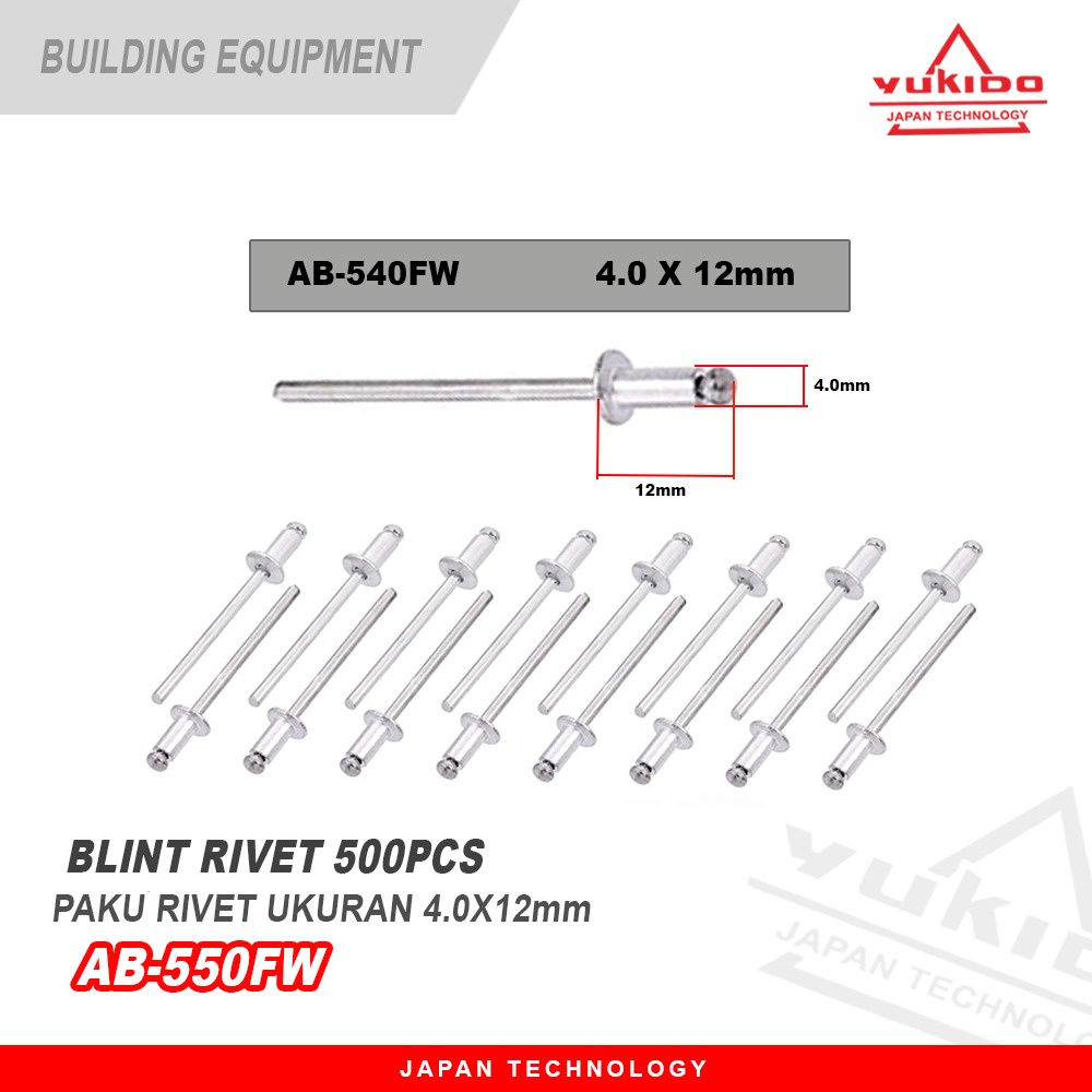 ( ISI 500 PCS ) YUKIDO Paku Rivet 550 ukuran 4x12mm / Blind Rivet / Aluminium /  FREE MATA BOR BESI