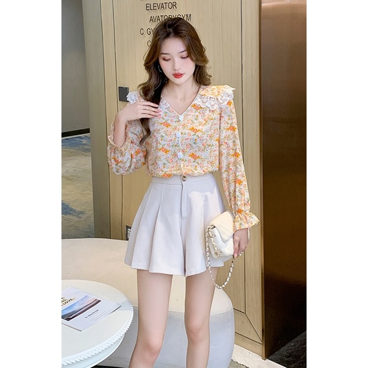 Fashion Korean Chiffon Floral Long Sleeve Shirts Orange Green Women Blouse Tops Pakaian Serban