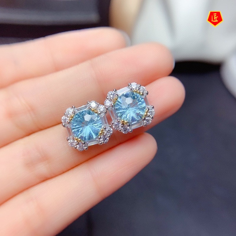 [Ready Stock]2 Karat Natural Blue Topaz Set Rings Eardrops Stud Earrings