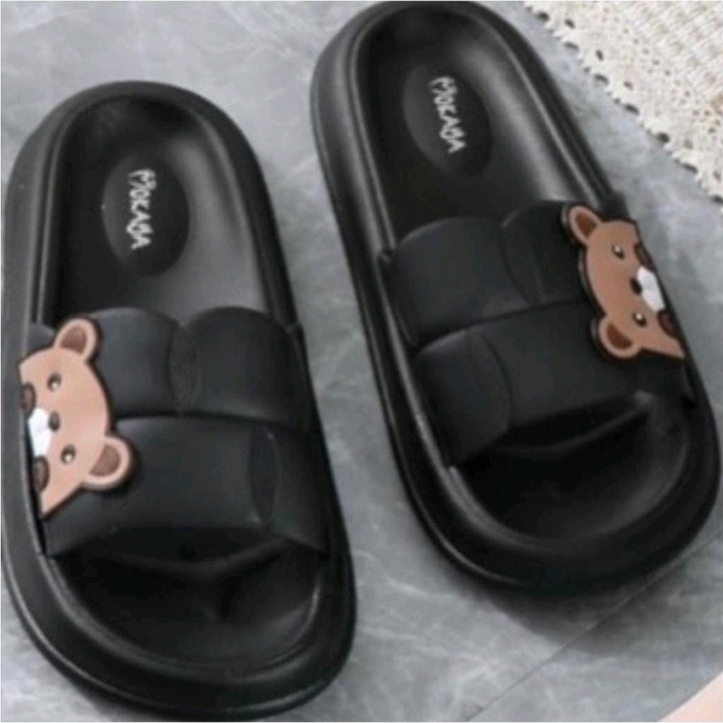 Sandal Slop Jelly Wanita Ban Polos Garis Bear Samping Simple Cute Kekinian Import Mokaya / Size 36-41 (1220)