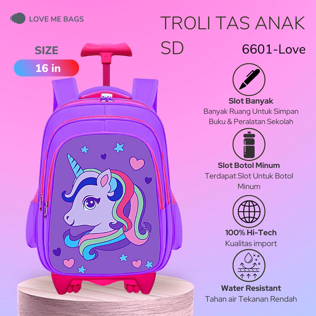 LMB Tas Troli Anak Perempuan SD Gambar Karakter Kuda Poni Unicorn Timbul 6D Import Bahan Nilon Premium