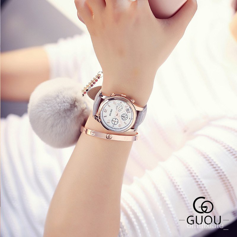 【Factory Outlet】GUOU Hong Kong Guou Jam Tangan Wanita Tiga Mata Multi-Fungsi Belt Klasik Retro Kasual Quartz Watch Wa