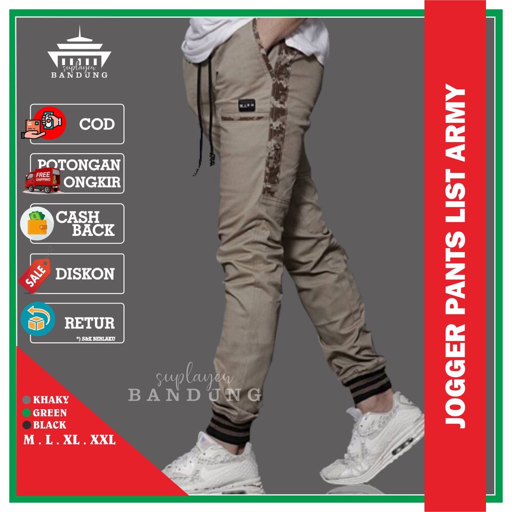 Celana Panjang Joger Pants Jogger List Army Fashion Pakaian Pria Wanita Branded Bahan Katun Warna Kh