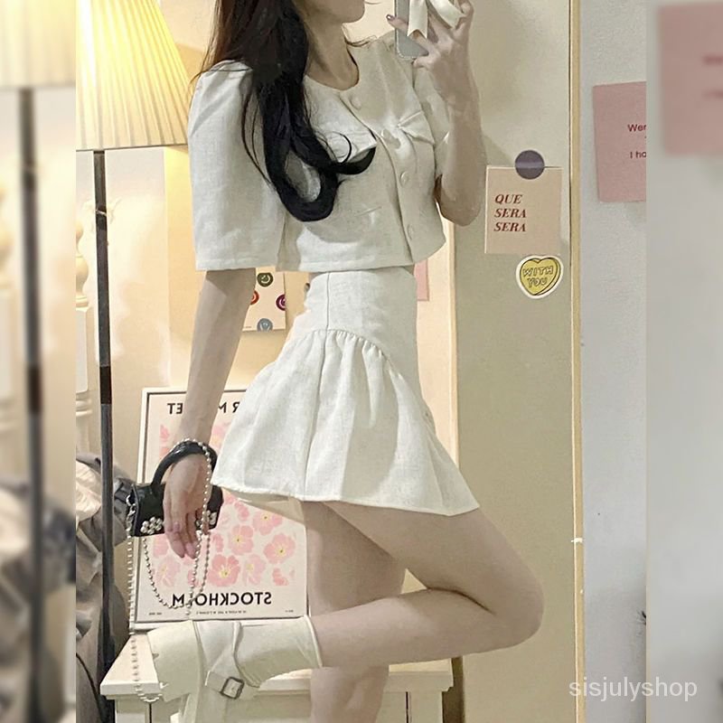 #Sisjuly# Rok Fishtail Jas Pendek Putih Ramping Wanita Setelan Dua Potong