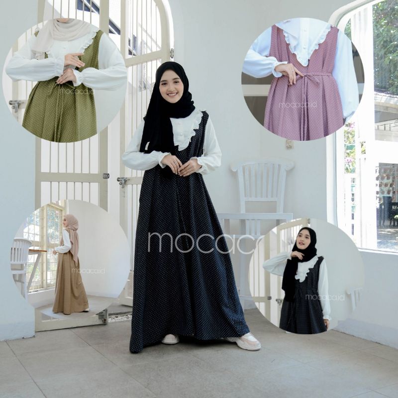 dress premiun bahan crincle polka kecil elegan putih hitam hijau olive dusty pink gamis tali ootd hijab terbaru bisa cod renda dindada busui dan wudhy friendly