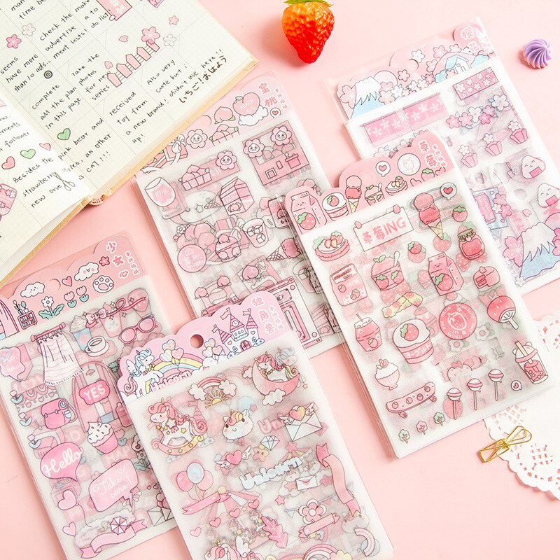 

4 Lembar Stiker Motif Lucu Warna Pink untuk Deco Jurnaling Scrapbook