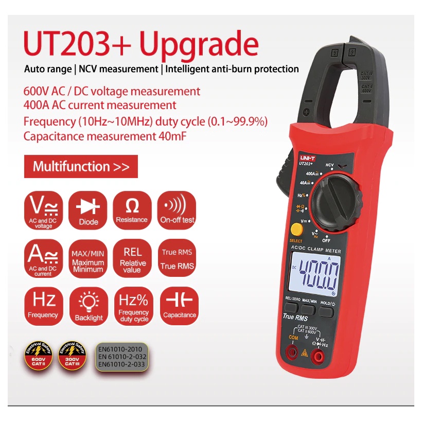 Tipe UT203+ / UT-203+ Tang Ampere / Clamp Meter AC/DC UNI-T