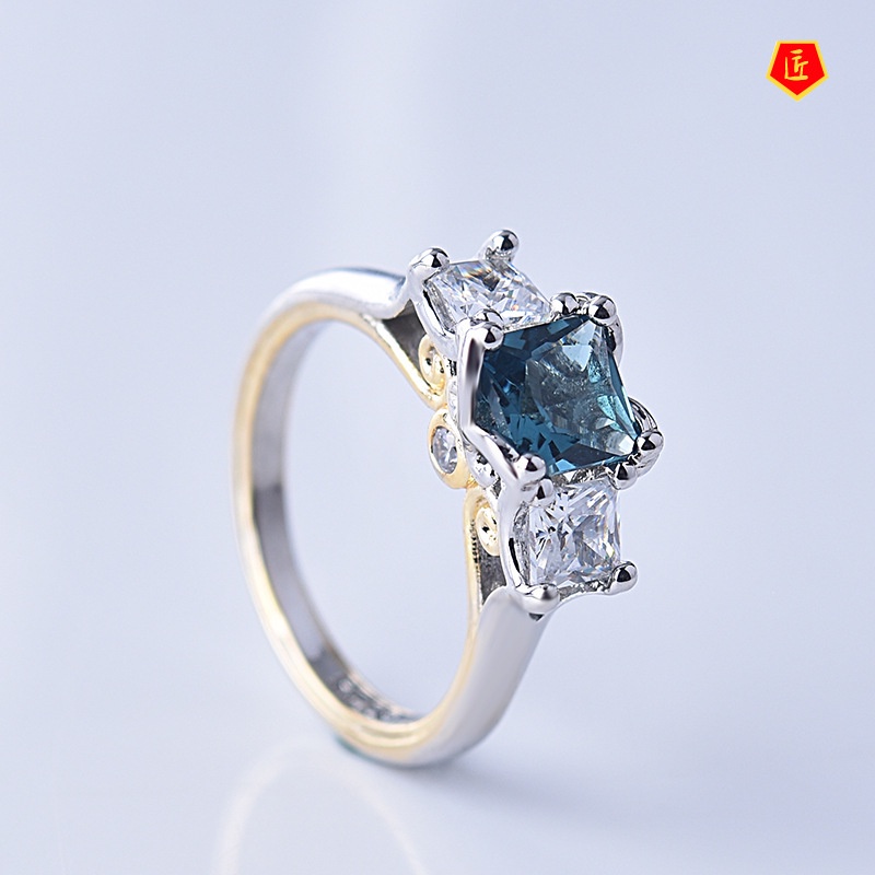 [Ready Stock]14K Gold Two-Color Navy Blue Topaz Square Diamond Ring for Women