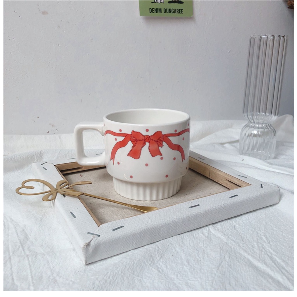 GELAS KACA PUTIH PITA AESTHETIC ESTETIK MURAH GELAS KOREA CANGKIR MUG READY GROSIR COD
