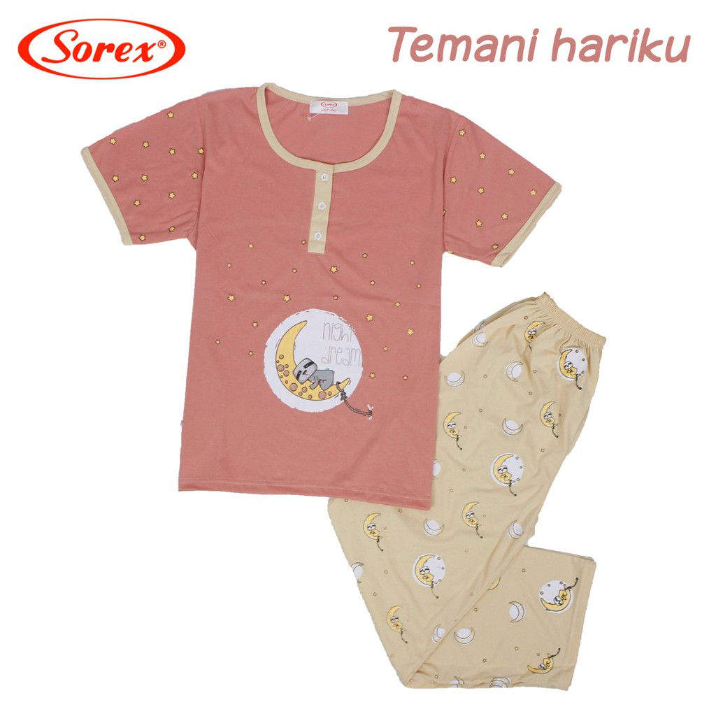 Sorex Baju Tidur 1 Set Atasan Pendek Kancing + Celana Panjang Katun Adem Piyama Freesize  BB 116-6