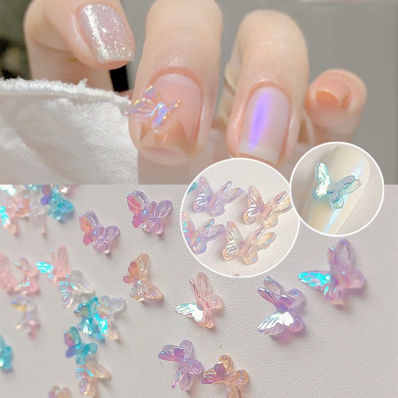 10pcs / set Stiker Kupu-Kupu 3D Aurora Glitter Warna-Warni Untuk Dekorasi Nail Art