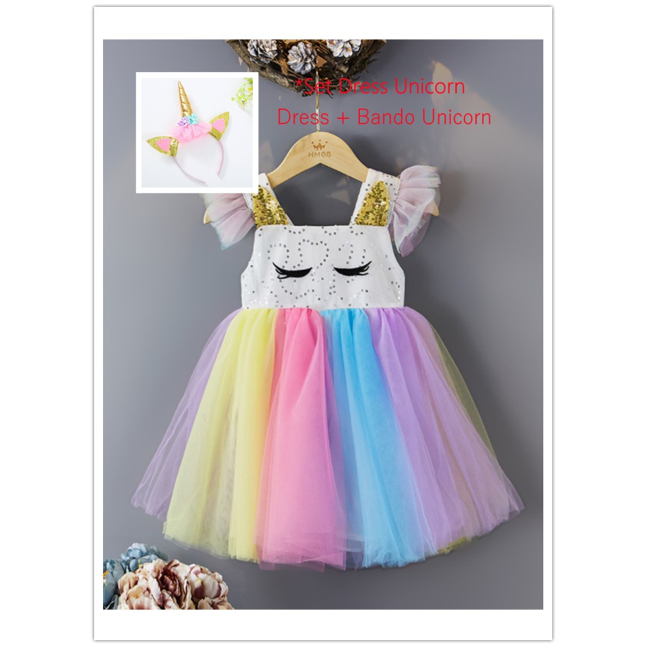 Unicorn Dress Anak Kartun Lucu Pelangi Gaun princess cewek Gadis Import