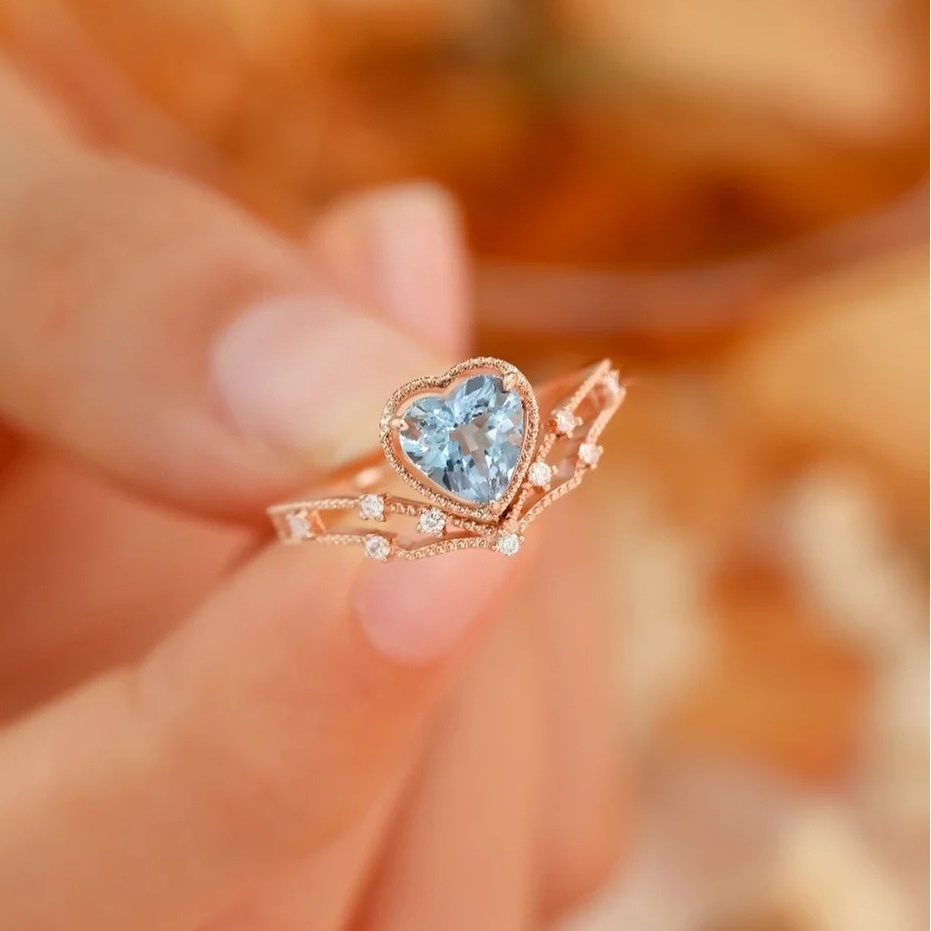 Cincin Berlian Aquamarine Bahan Titanium Steel Warna Rose Gold Untuk Wanita