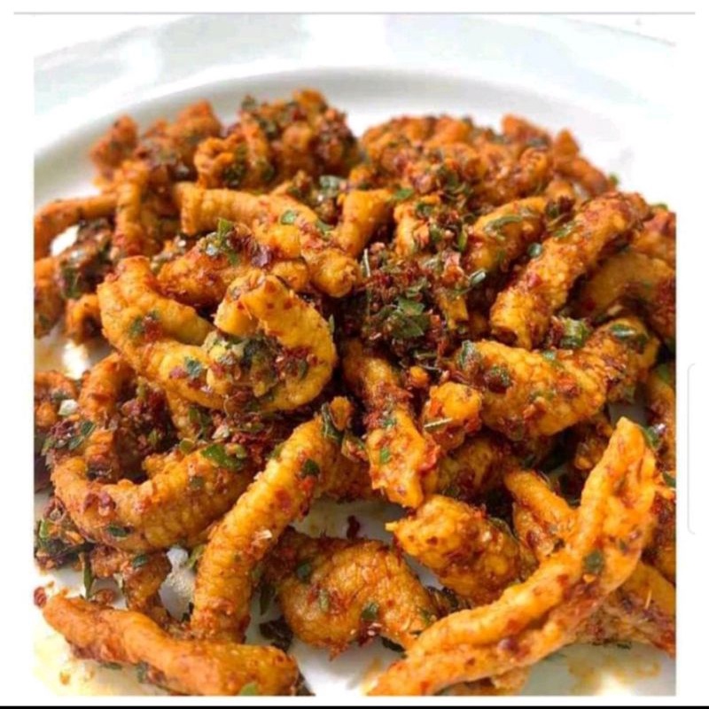 

makanan ringan kerupuk keripik usus pedas daun jeruk dan usus original