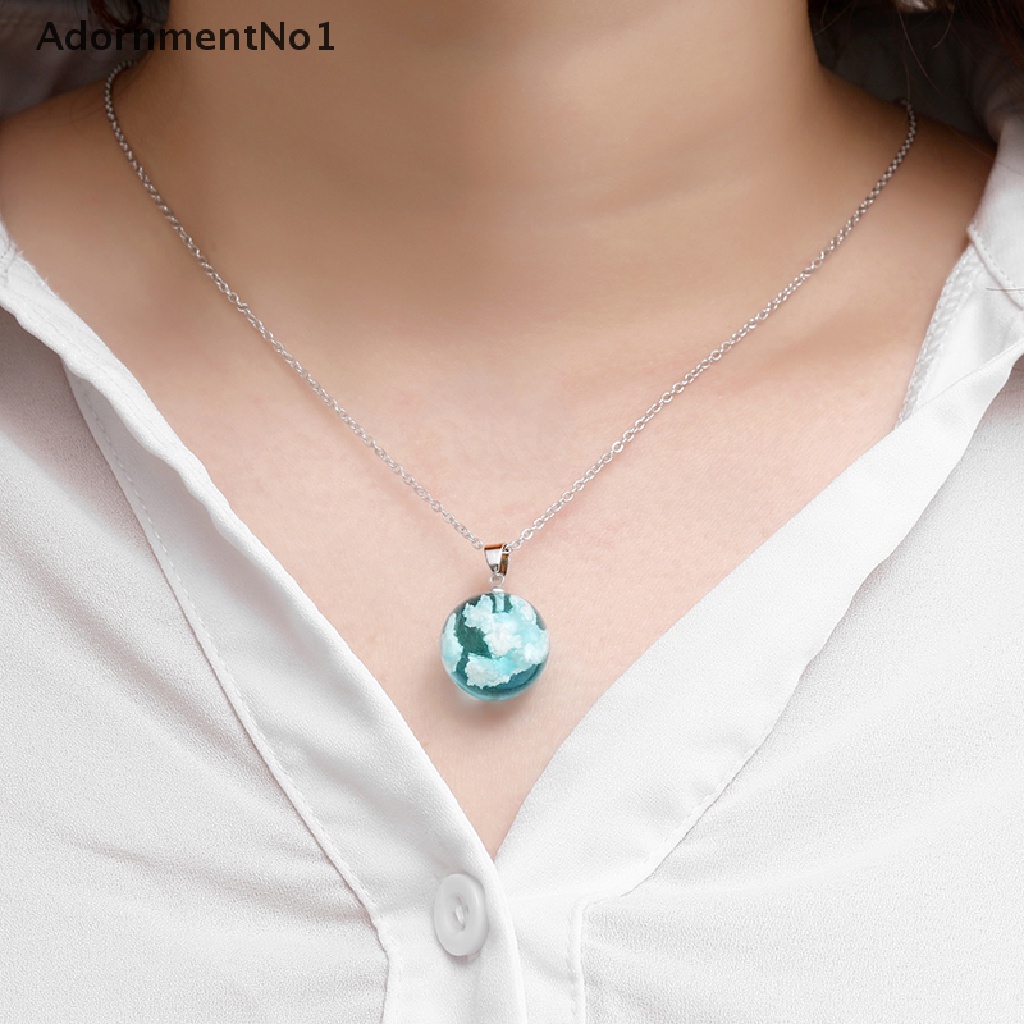 (AdornmentNo1) Kalung Rantai Dengan Liontin Bulan + Bola Resin Motif Langit Biru + Awan Putih Untuk Wanita