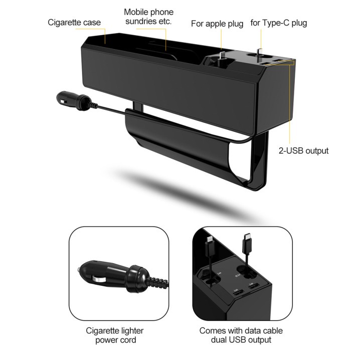 Smart Car Seat Gap Dual Charging Cables Quick Charge Dan 2 USB Port Rak Samping Jok Mobil Organizer